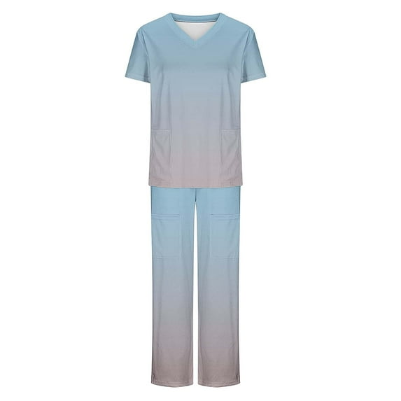 Aofany Nursing Scrub Workwear Sets for Women Working Uniform Gradient Color V Neck Short Sleeve T Shirt+Long Pants with Pockets