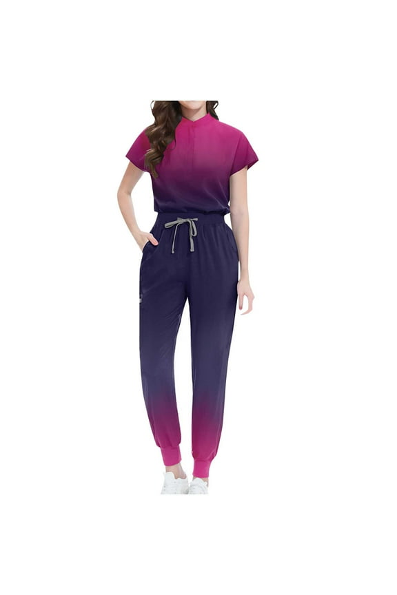 Nursing Uniforms Scrub Set for Women Short Sleeves Women Scrubs Tops with Jogger Pant Gradient Women's Multi Pocket V-Neck Nurse Suit