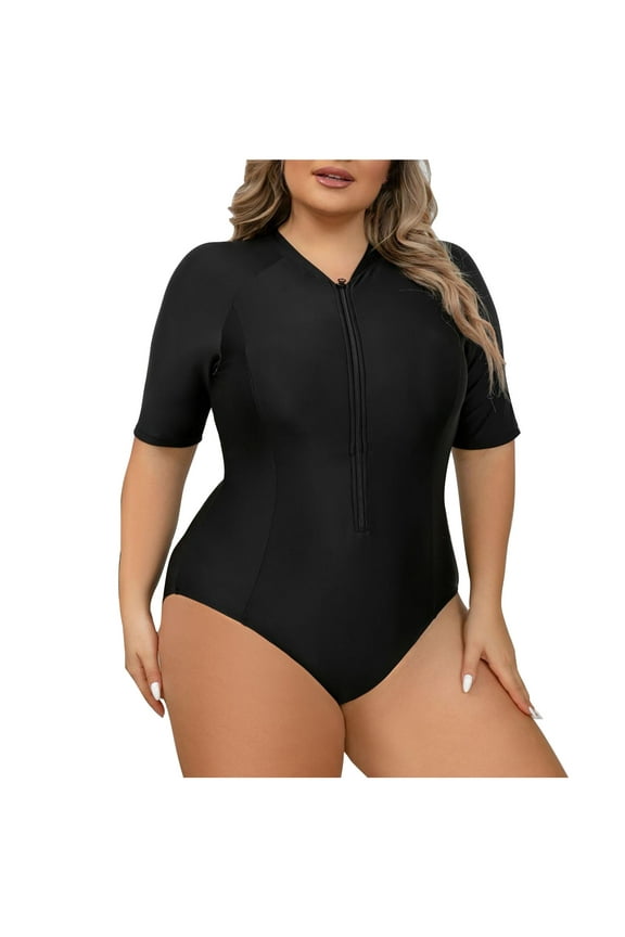 One Piece Swimsuits for Women Plus Size Surfing Diving Swimwear Short Sleeve Bra Padded Zip Front Bathing Suit