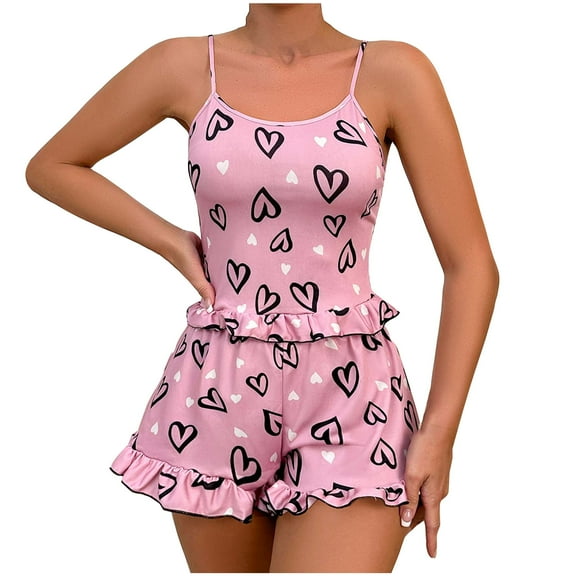 Aofany Pajamas Sets for Women Ruffled Cami Shorts Sleepwear Sets Nightwear Heart Printing Homewear Suit