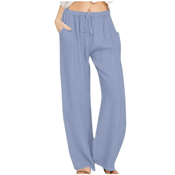 Aofany Pants for Women Flowy Casual Drawstring Waist Wide Leg Loose Cotton Linen Palazzo Pants with Pocket