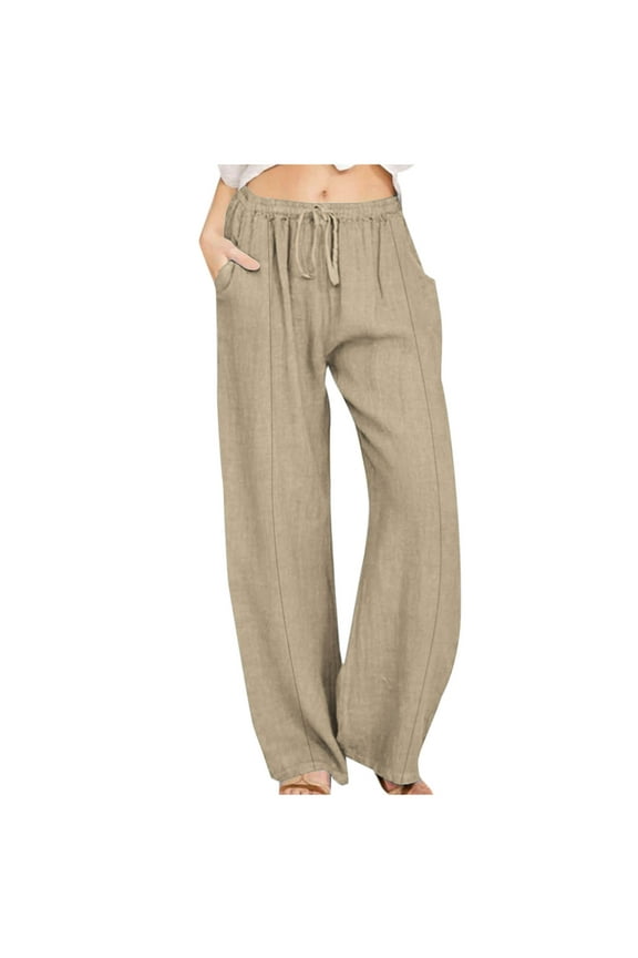 Pants for Women Flowy Casual Drawstring Waist Wide Leg Loose Cotton Linen Palazzo Pants with Pocket