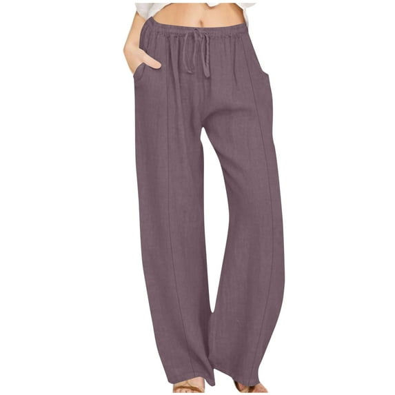Aofany Pants for Women Flowy Casual Drawstring Waist Wide Leg Loose Cotton Linen Palazzo Pants with Pocket
