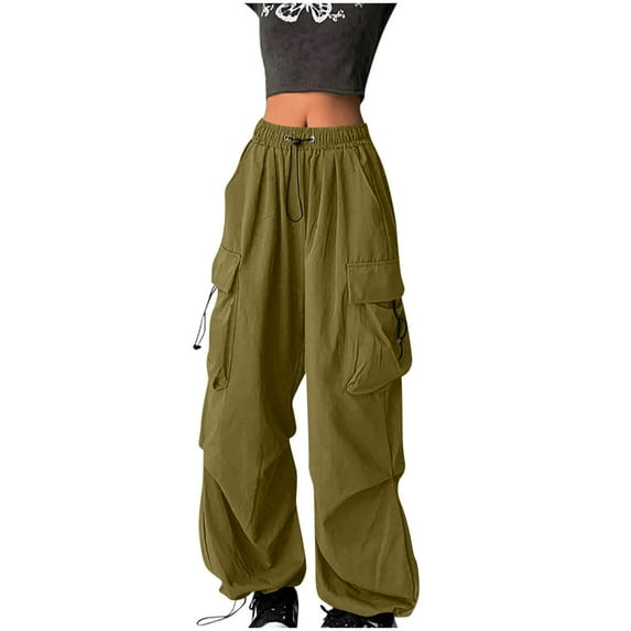Aofany Parachute Pants for Women Y2K Baggy Cargo Pants Multi-Pockets Drawstring High Rise Pants Wide Leg Joggers Trousers Streetwear