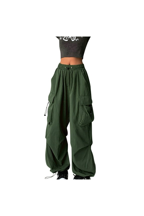Parachute Pants for Women Y2K Baggy Cargo Pants Multi-Pockets Drawstring High Rise Pants Wide Leg Joggers Trousers Streetwear