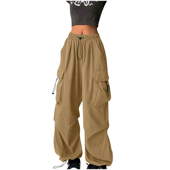 Aofany Parachute Pants for Women Y2K Baggy Cargo Pants Multi-Pockets Drawstring High Rise Pants Wide Leg Joggers Trousers Streetwear