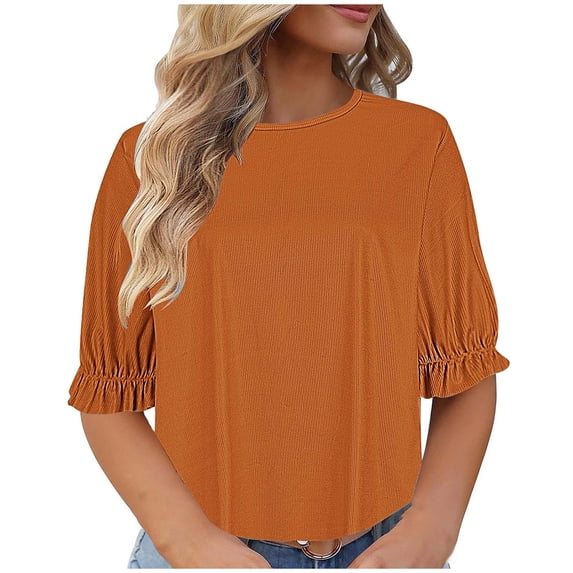 Aofany Plus Size Blouses for Women Pleated Puff Short Sleeve Tunic Tops Casual Summer Round Neck T Shirts