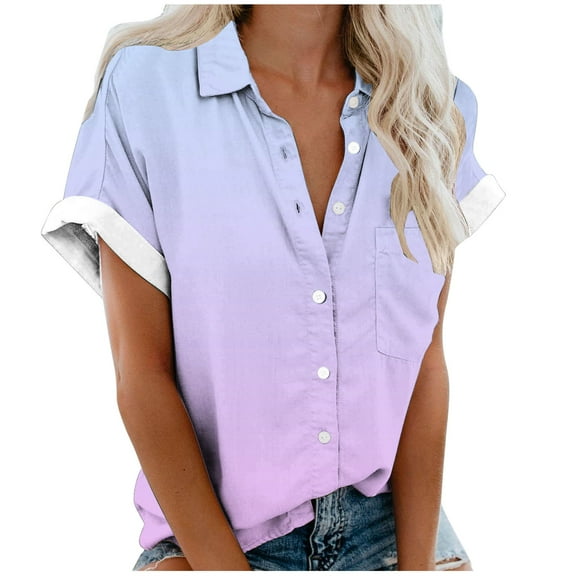 Aofany Plus Size Button Down Shirts for Women Gradient Summer Casual Short Sleeve Turndown Collar Blouse Tops