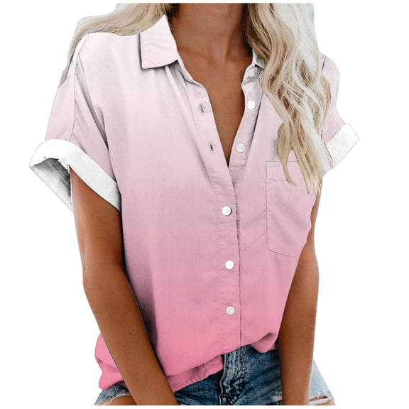 Aofany Plus Size Button Down Shirts for Women Gradient Summer Casual Short Sleeve Turndown Collar Blouse Tops