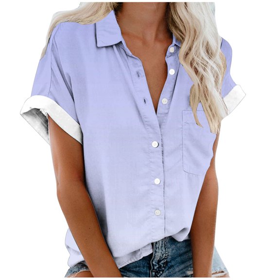 Aofany Plus Size Button Down Shirts for Women Gradient Summer Casual Short Sleeve Turndown Collar Blouse Tops