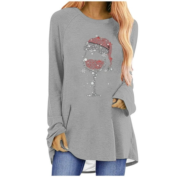 Aofany Plus Size Christmas Shirts for Women Wine Glass Print Holiday Tops Long Sleeve Crewneck Tunic Blouses