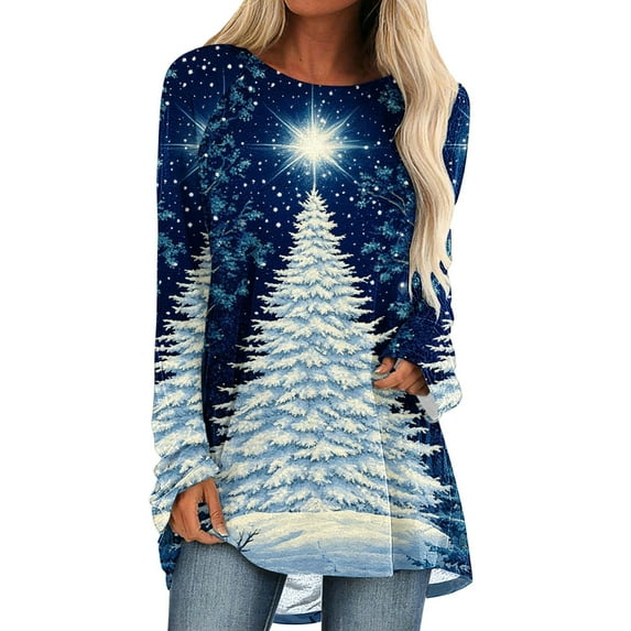 Aofany Plus Size Christmas Shirts for Women Xmas Tree Print Holiday Tops Long Sleeve Crewneck Tunic Blouses