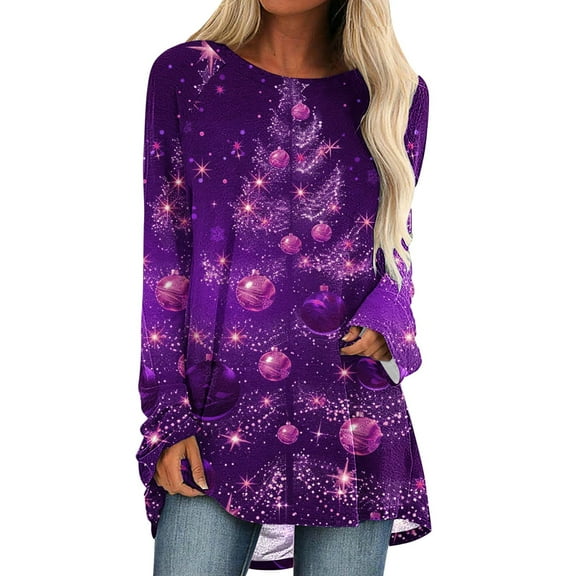 Aofany Plus Size Christmas Shirts for Women Xmas Tree Print Holiday Tops Long Sleeve Crewneck Tunic Blouses