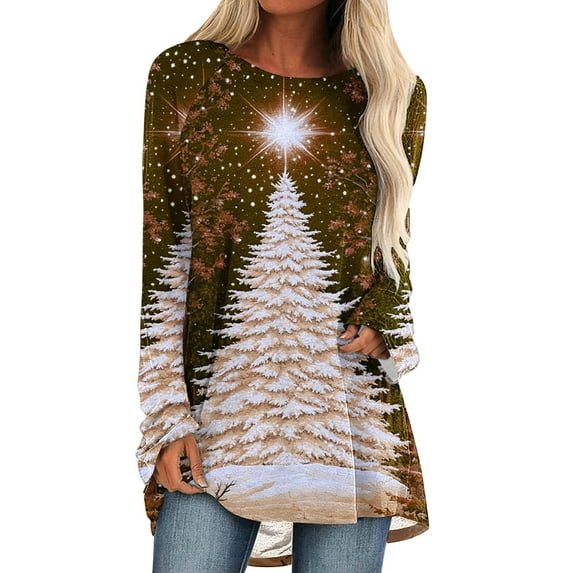 Aofany Plus Size Christmas Shirts for Women Xmas Tree Print Holiday Tops Long Sleeve Crewneck Tunic Blouses