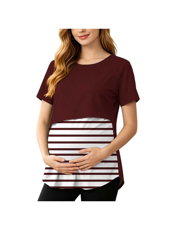 Plus Size Maternity Tops Pregnant Womens Nursing Color Block Round Neck Short Sleeve Round Neck Breastfeeding Blouse