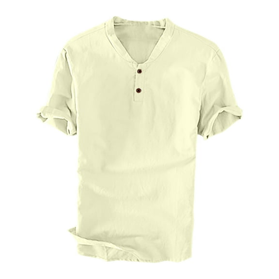 Aofany Plus Size Mens Cotton Linen Henley Shirt Casual Solid Short Sleeved Summer Tops