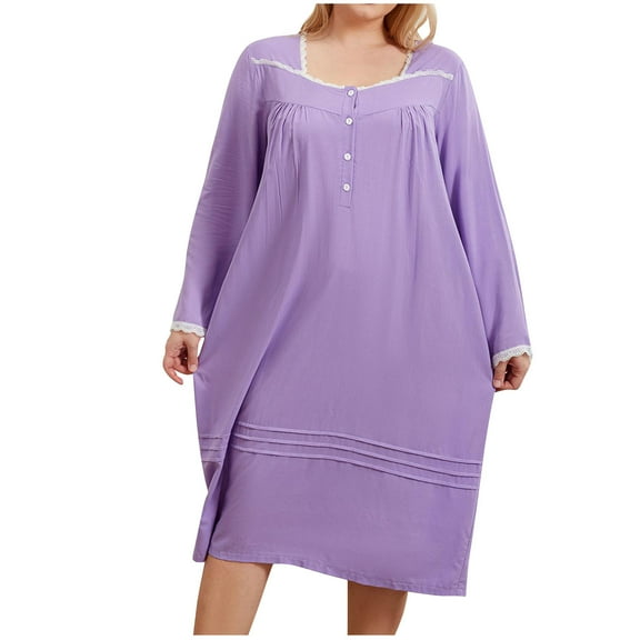 Aofany Plus Size Nightgowns for Women House Dress Long Sleeve Loungewear Solid Color Square Collar Nightgowns Sleepwear