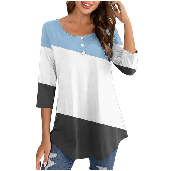 Aofany Plus Size Shirts For Women 3/4 Sleeve Henley Tops With Buttons Down Casual Loose Fit Pullover V-Neck Tunics Tops