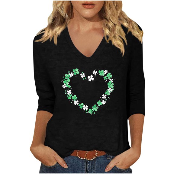 Aofany Plus Size T Shirts for Women St Patricks Day Shamrock Tee Holiday Casual Crew/V Neck 3/4 Sleeve Tops