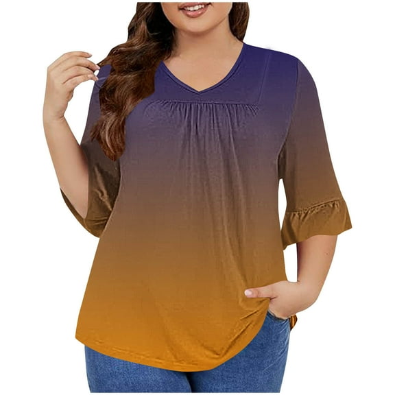 Aofany Plus Size Tops for Women 3/4 Ruffled Sleeve Gradient T Shirts Casual V-neck Pleated Loose Fitting Cotton Tunics