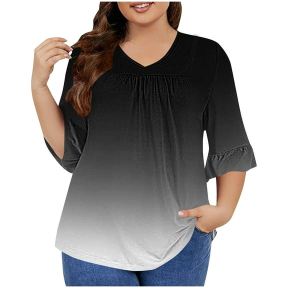 Aofany Plus Size Tops for Women 3/4 Ruffled Sleeve Gradient T Shirts Casual V-neck Pleated Loose Fitting Cotton Tunics