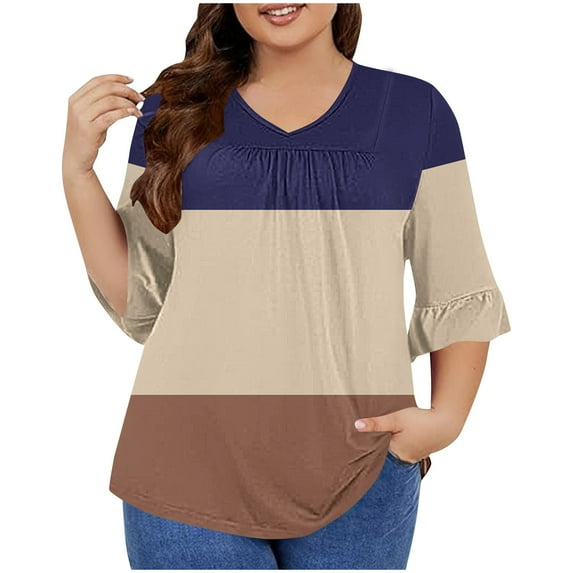 Aofany Plus Size Tops for Women 3/4 Ruffled Sleeve Patchwork Color T Shirts Casual V-neck Pleated Loose Fitting Cotton Tunics