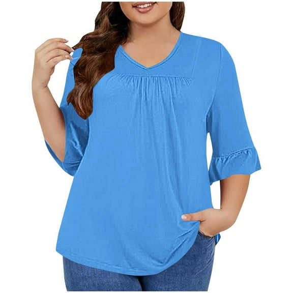 Aofany Plus Size Tops for Women 3/4 Ruffled Sleeve Solid Color T Shirts Casual V-neck Pleated Loose Fitting Cotton Tunics