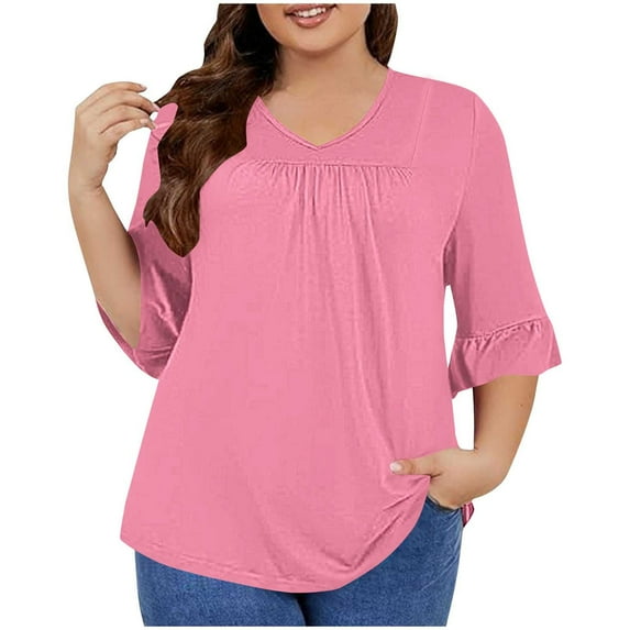 Aofany Plus Size Tops for Women 3/4 Ruffled Sleeve Solid Color T Shirts Casual V-neck Pleated Loose Fitting Cotton Tunics