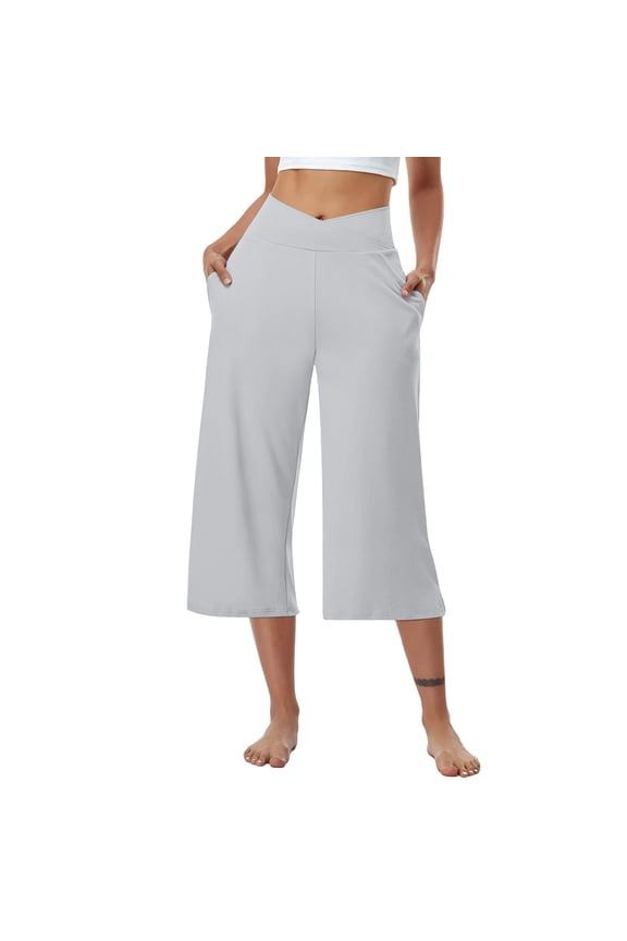 Plus Size Yoga Capris Pants for Women Tummy Control High Waist Workout Wide Leg Crop Pants with Pockets