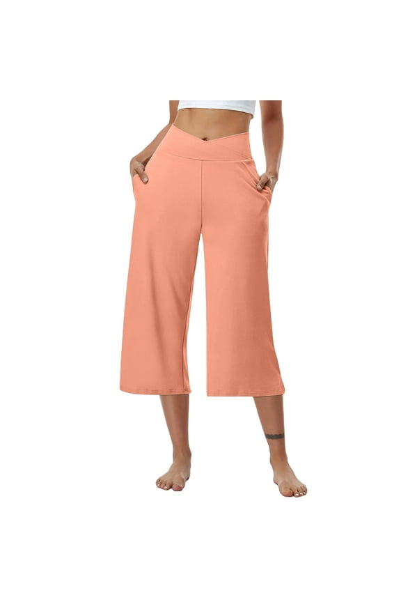 Plus Size Yoga Capris Pants for Women Tummy Control High Waist Workout Wide Leg Crop Pants with Pockets