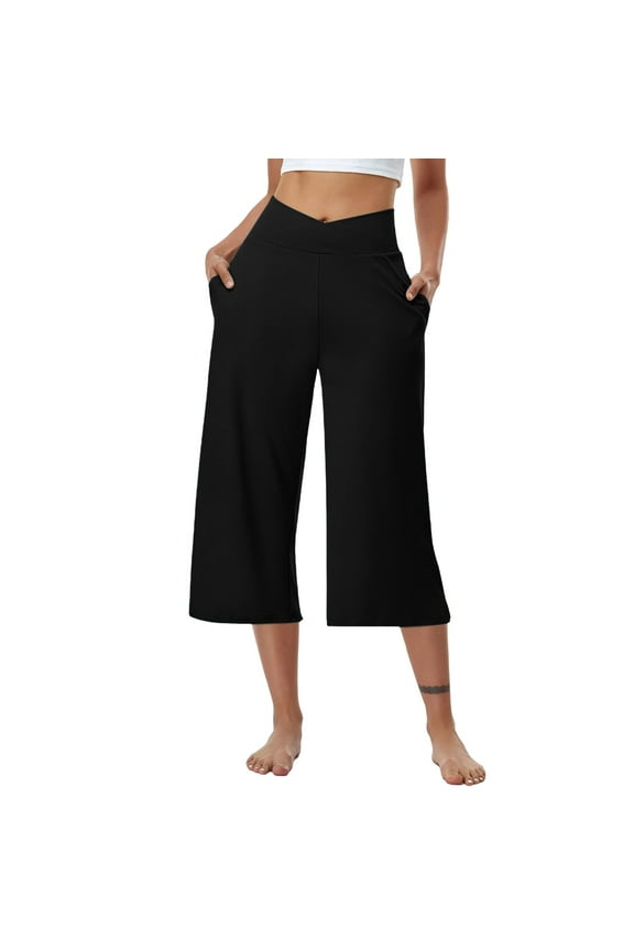 Plus Size Yoga Capris Pants for Women Tummy Control High Waist Workout Wide Leg Crop Pants with Pockets