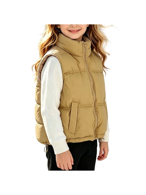 Puffer Vest for Toddler Kids Girls Zip up Stand Collar Sleeveless Thermal Warm Jacket Padded Lining Outerwear with Side Pockets 2-15 Years