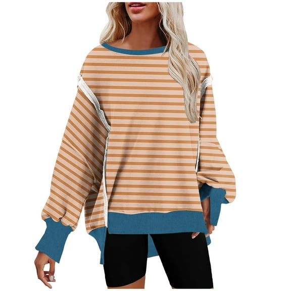 Aofany Pullover Sweatshirt for Women, Long Sleeves Stripes Tunic Tops Crewneck Hoodless Tunic Tops Casual Sweatshirt
