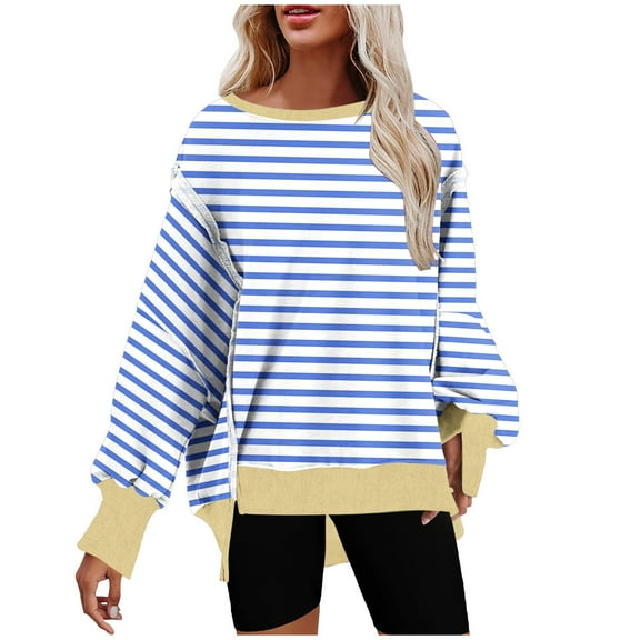 Aofany Pullover Sweatshirt for Women, Long Sleeves Stripes Tunic Tops Crewneck Hoodless Tunic Tops Casual Sweatshirt