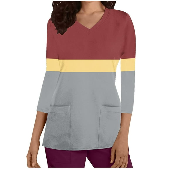 Aofany Women's Working Uniform Nursing Uniform Scrubs Top Womens Top With Two Pockets Color Block 3/4 Sleeve V-neck Blouse