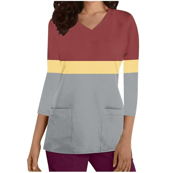 Aofany Women's Working Uniform Nursing Uniform Scrubs Top Womens Top With Two Pockets Color Block 3/4 Sleeve V-neck Blouse