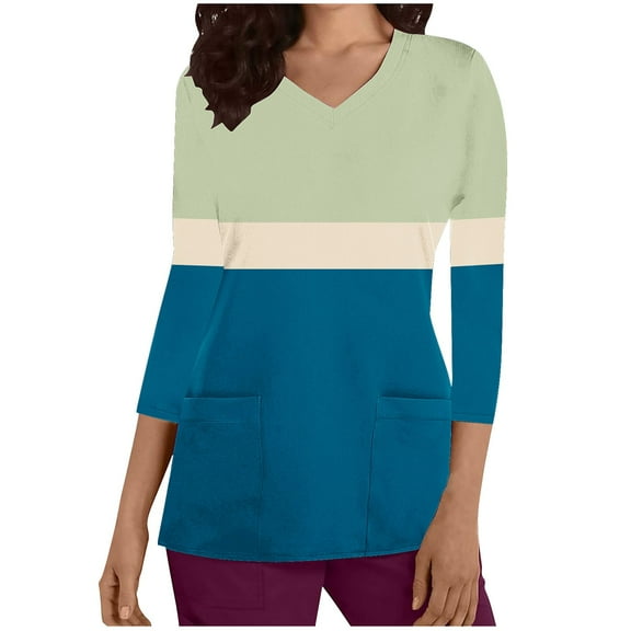 Aofany Women's Working Uniform Nursing Uniform Scrubs Top Womens Top With Two Pockets Color Block 3/4 Sleeve V-neck Blouse