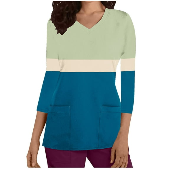 Aofany Women's Working Uniform Nursing Uniform Scrubs Top Womens Top With Two Pockets Color Block 3/4 Sleeve V-neck Blouse