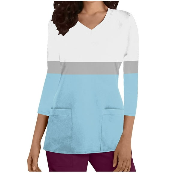 Aofany Women's Working Uniform Nursing Uniform Scrubs Top Womens Top With Two Pockets Color Block 3/4 Sleeve V-neck Blouse