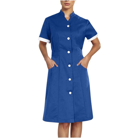 Aofany Scrub Dresses for Women Casual Solid Color Short Sleeve Nurse Working Uniform Pockets Stretchy V-Neck Holiday Workwear