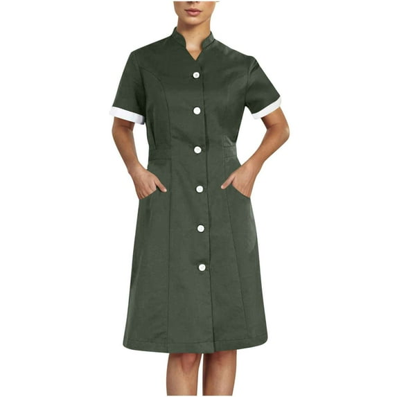 Aofany Scrub Dresses for Women Casual Solid Color Short Sleeve Nurse Working Uniform Pockets Stretchy V-Neck Holiday Workwear