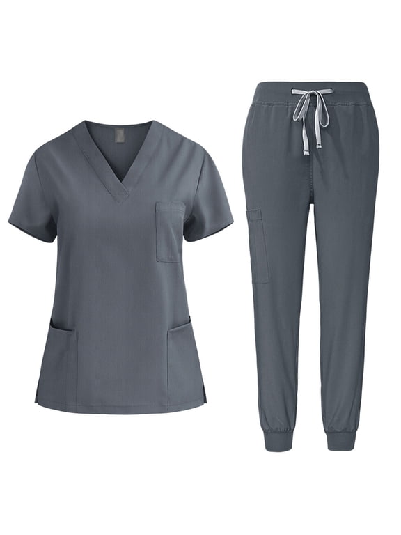 Scrub Set for Women, Modern V Neck Scrub Top & Jogger Pant with Multi Pockets Professionals Soft Stretch Athletic Nursing Uniform Workwear