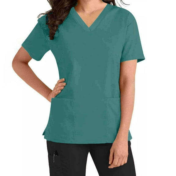 Aofany Scrub Tops Women Fashion Solid Color Working Scrubs for Women Casual Short Sleeve V Neck Nursing Tops with Pockets Comfy Classic Working Uniform