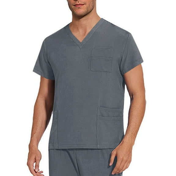 Aofany Scrub Tops for Men Men's Solid Color Scrubs Tops Plus Size Short Sleeve V Neck Working Nurse Unifrom with Pockets