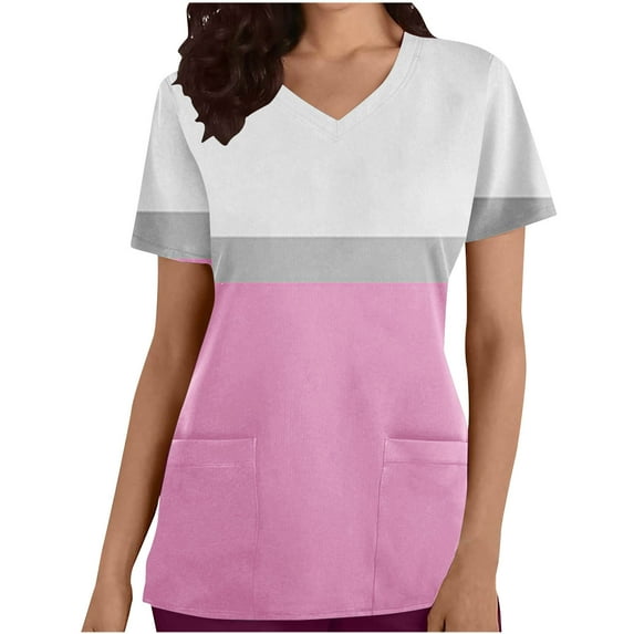 Aofany Scrub Tops for Women Stretchy Womens Scrub Tops Color Block Basic Nurse Working Uniform V Neck Short Sleeve Scrubs Blouse with Pockets