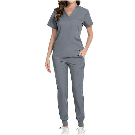 Aofany Scrub for Women Short Sleeve Solid Color V Neck Pocket Scrub Sets Nurse Suit 2 Piece Sets Workwear Saving