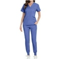thumbnail image 1 of Aofany Scrub for Women Short Sleeve Solid Color V Neck Pocket Scrub Sets Nurse Suit 2 Piece Sets Workwear Saving, 1 of 5