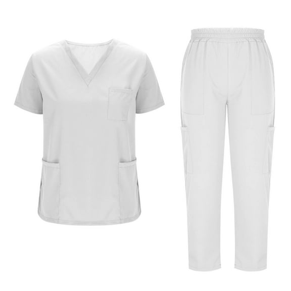 Aofany Scrubs Sets for Women 2 Piece Nurse Working Uniforms Casual Comfy Solid V-Neck Caregiver Top and Elastic Waist Pants with Pockets