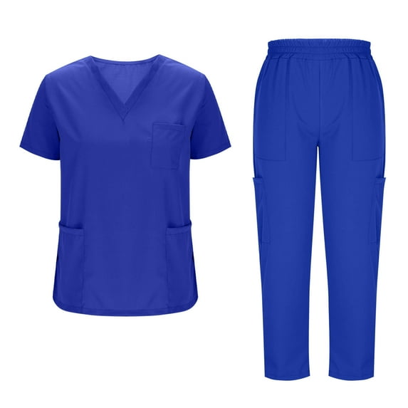Aofany Scrubs Sets for Women 2 Piece Nurse Working Uniforms Casual Comfy Solid V-Neck Caregiver Top and Elastic Waist Pants with Pockets