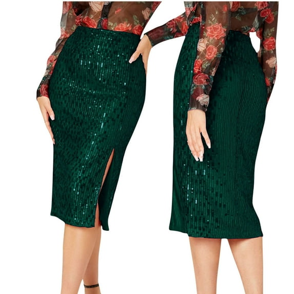 Aofany Sequin Buttock Skirts for Woman Solid Color Zipper Skirt High Waist Slit Package Hip Skirt